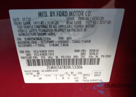 2013 Lincoln Mkt Ecoboost z USA, uszkodzony, nr VIN 2LMHJ5AT8DBL53306